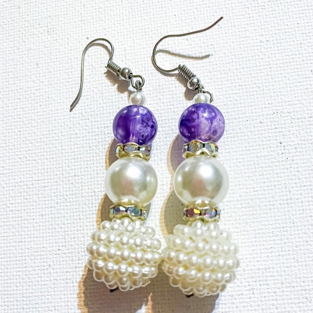 Purple & Pearl Bead Dangle Earrings